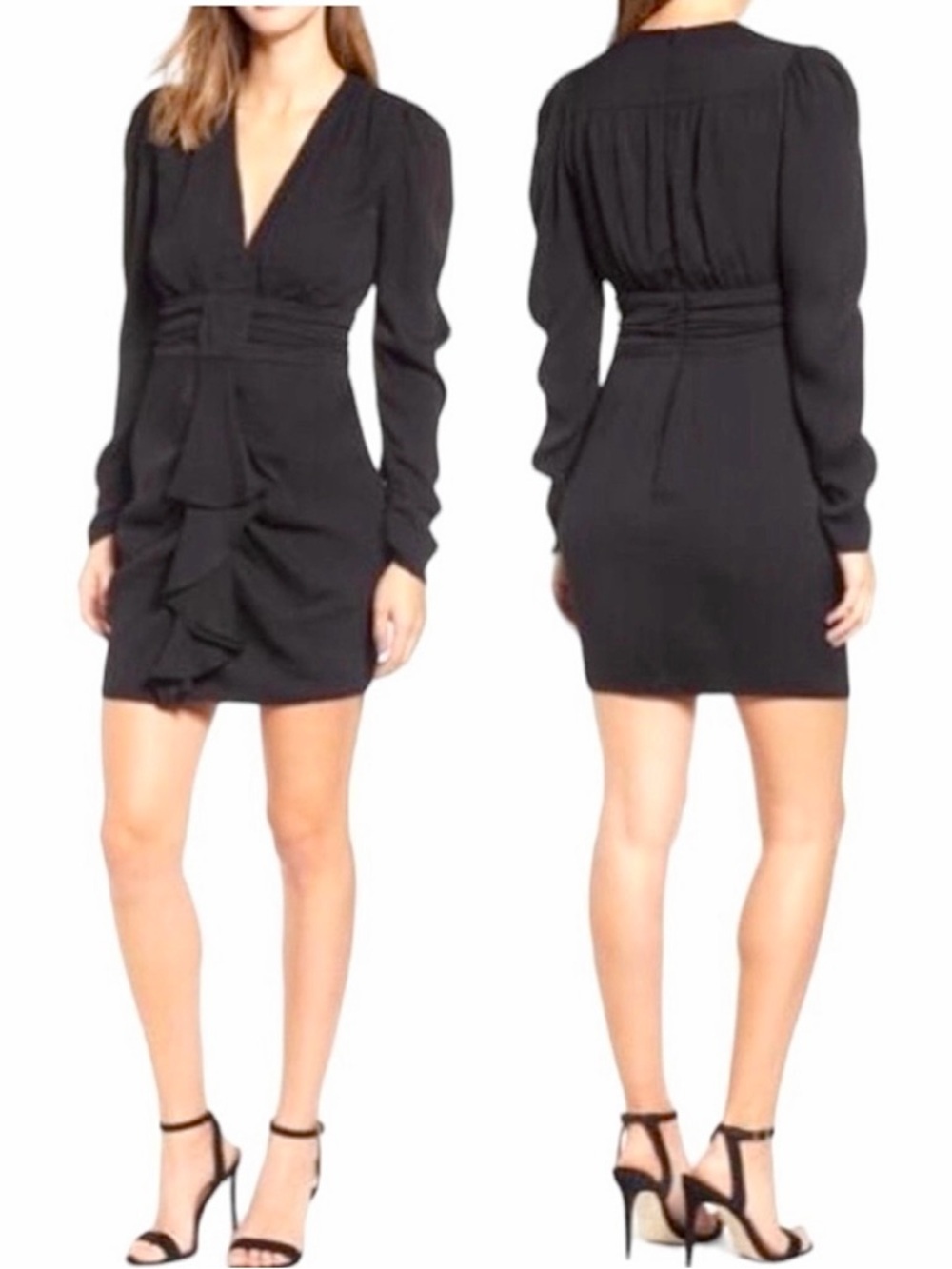 Afrm × REVOLVE avalon puff sleeve deep v-neck mini dress cocktail black NEW